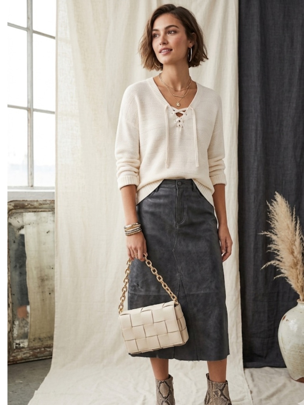 Old navy Cream Lace-Up Knit Sweater size Large